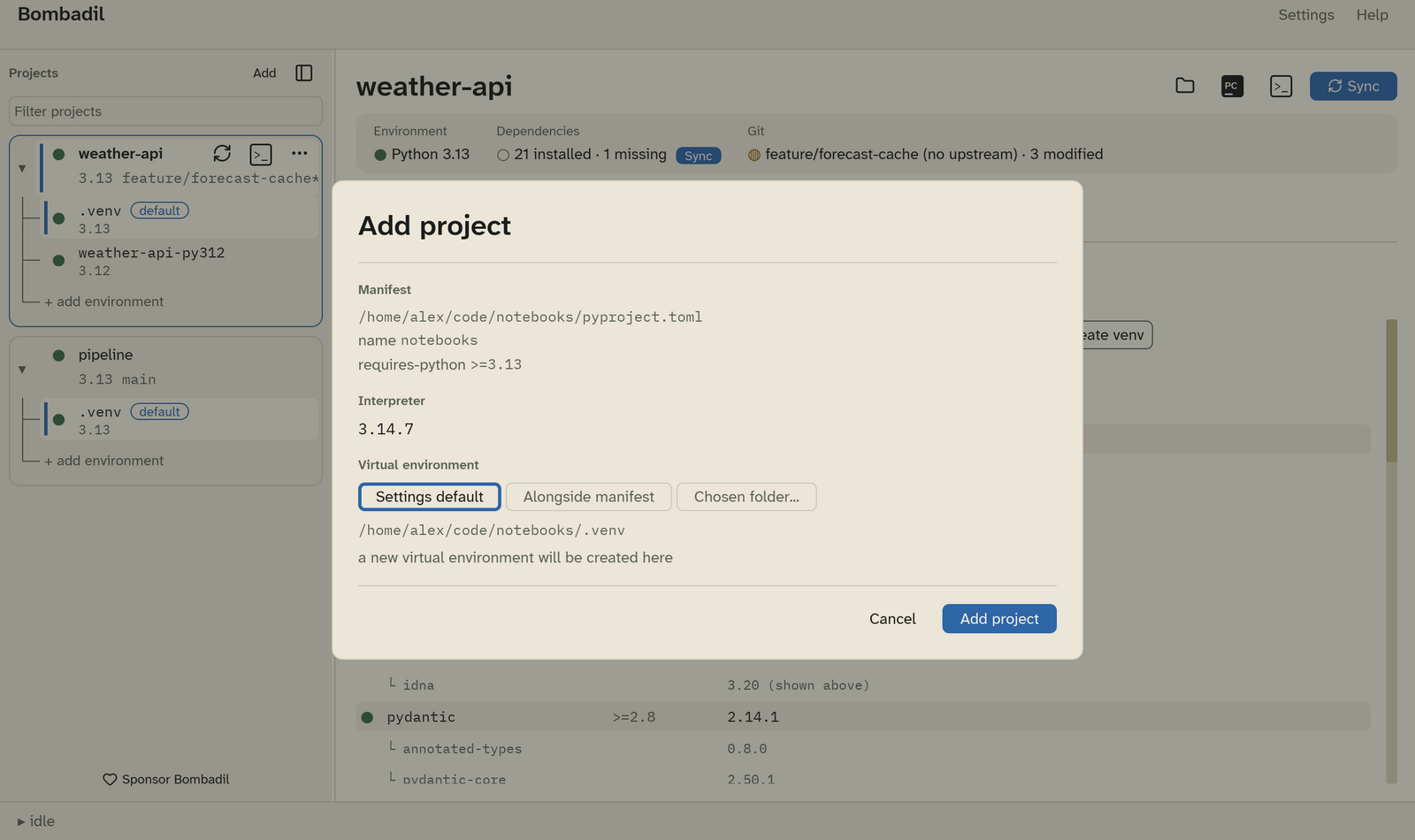The Add project dialog