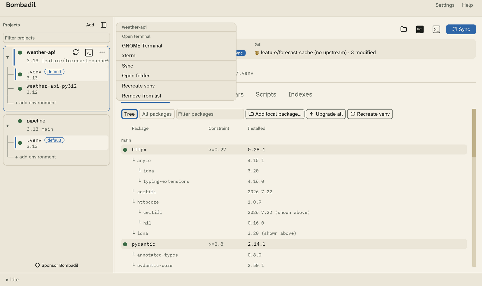 The project menu