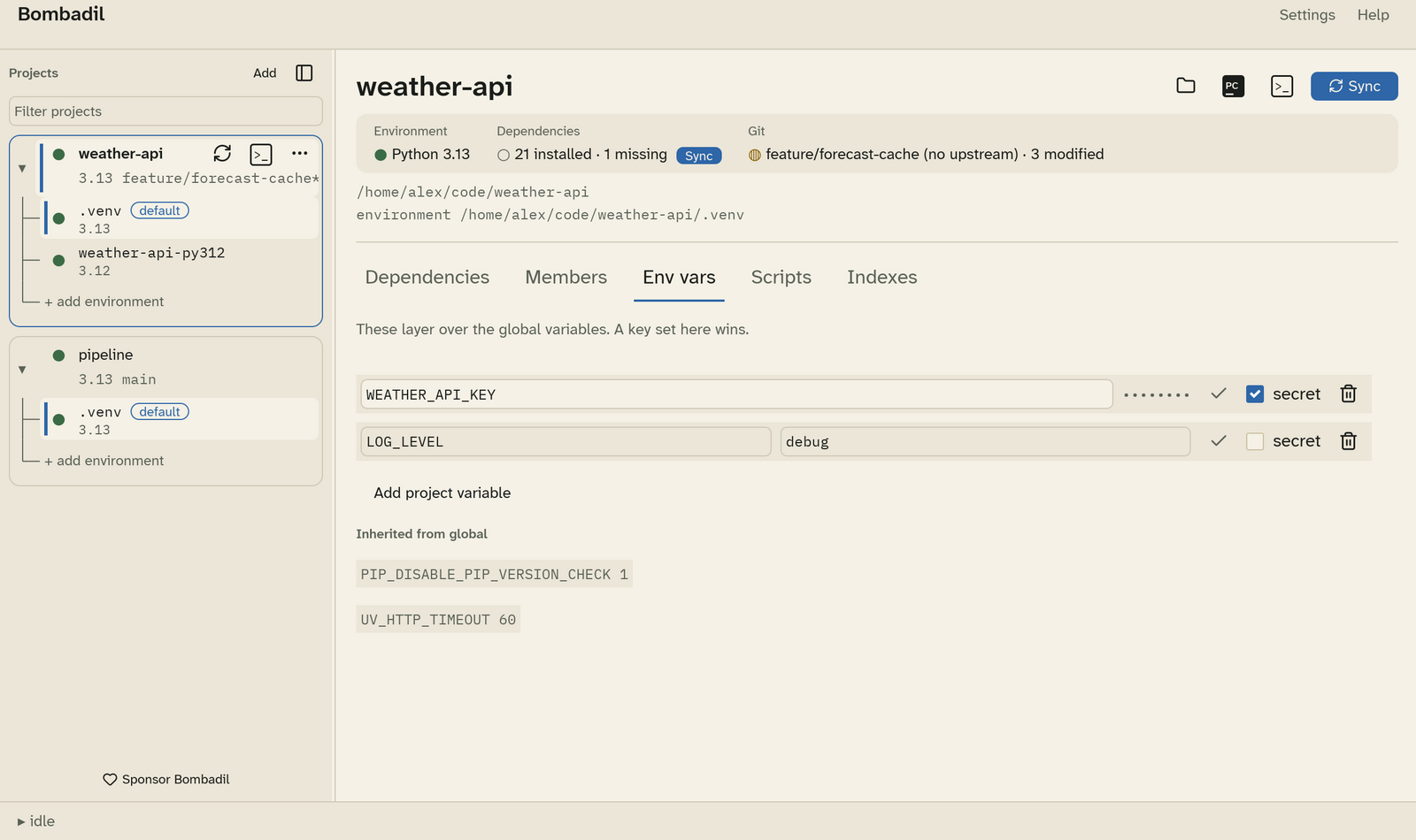 The Env vars tab