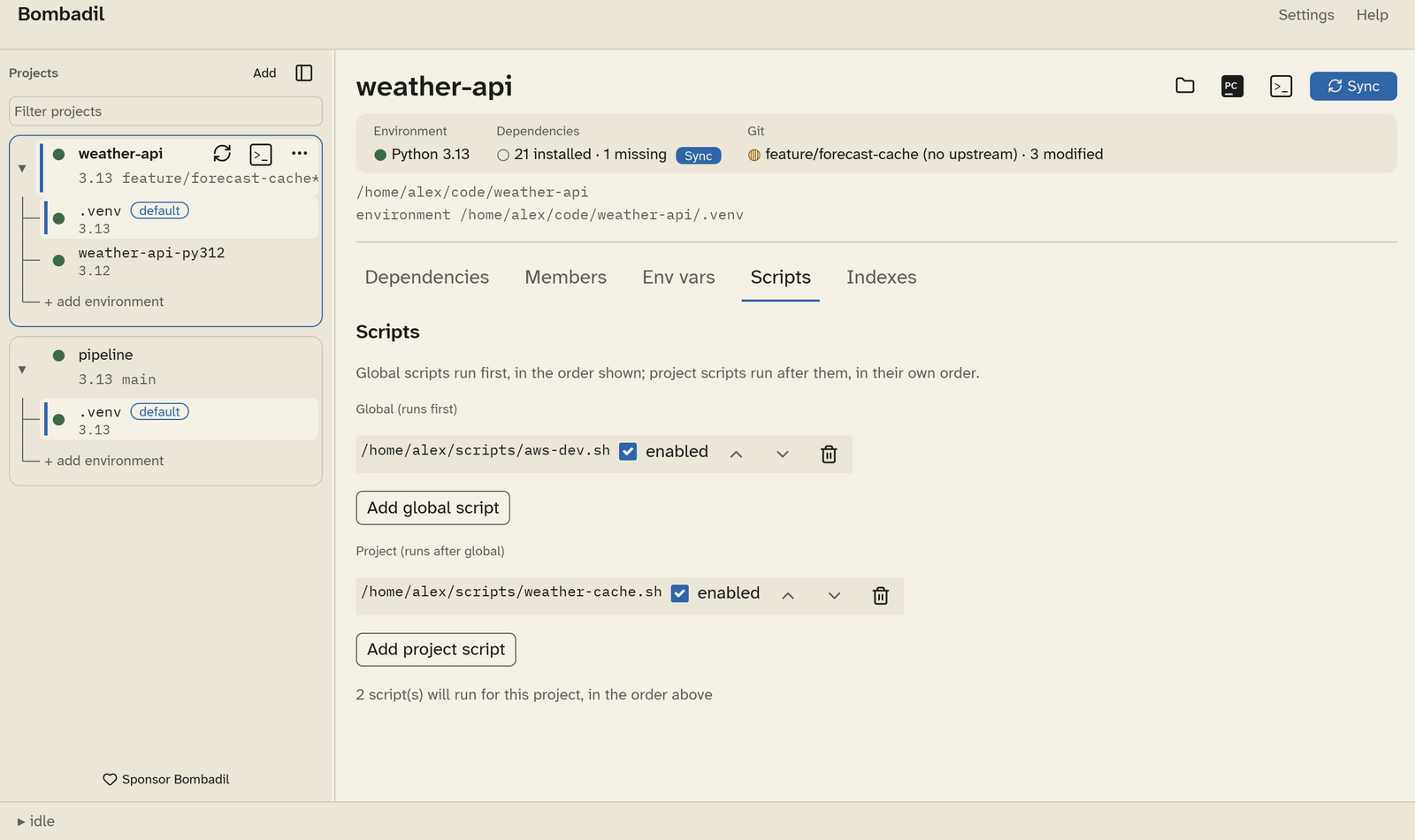 The Scripts tab